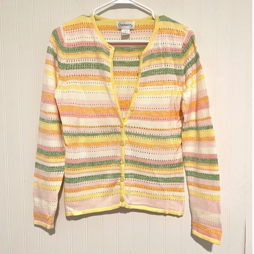 Chadwick's Cardigan Sweater Womens S Multi-Color Pointelle Knit Stripe